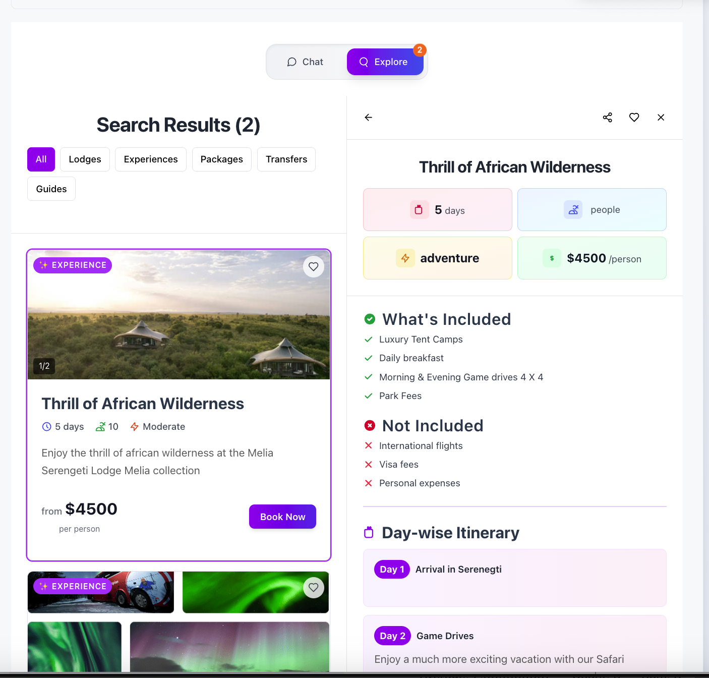 AtlasIQ booking platform showing African wilderness safari experience with search results and detailed itinerary